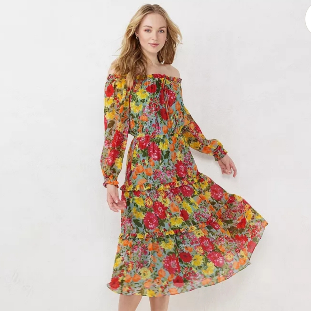 LC Lauren Conrad Off The Shoulder Midi Dress Floral Print Puff Sleeves Boho XL